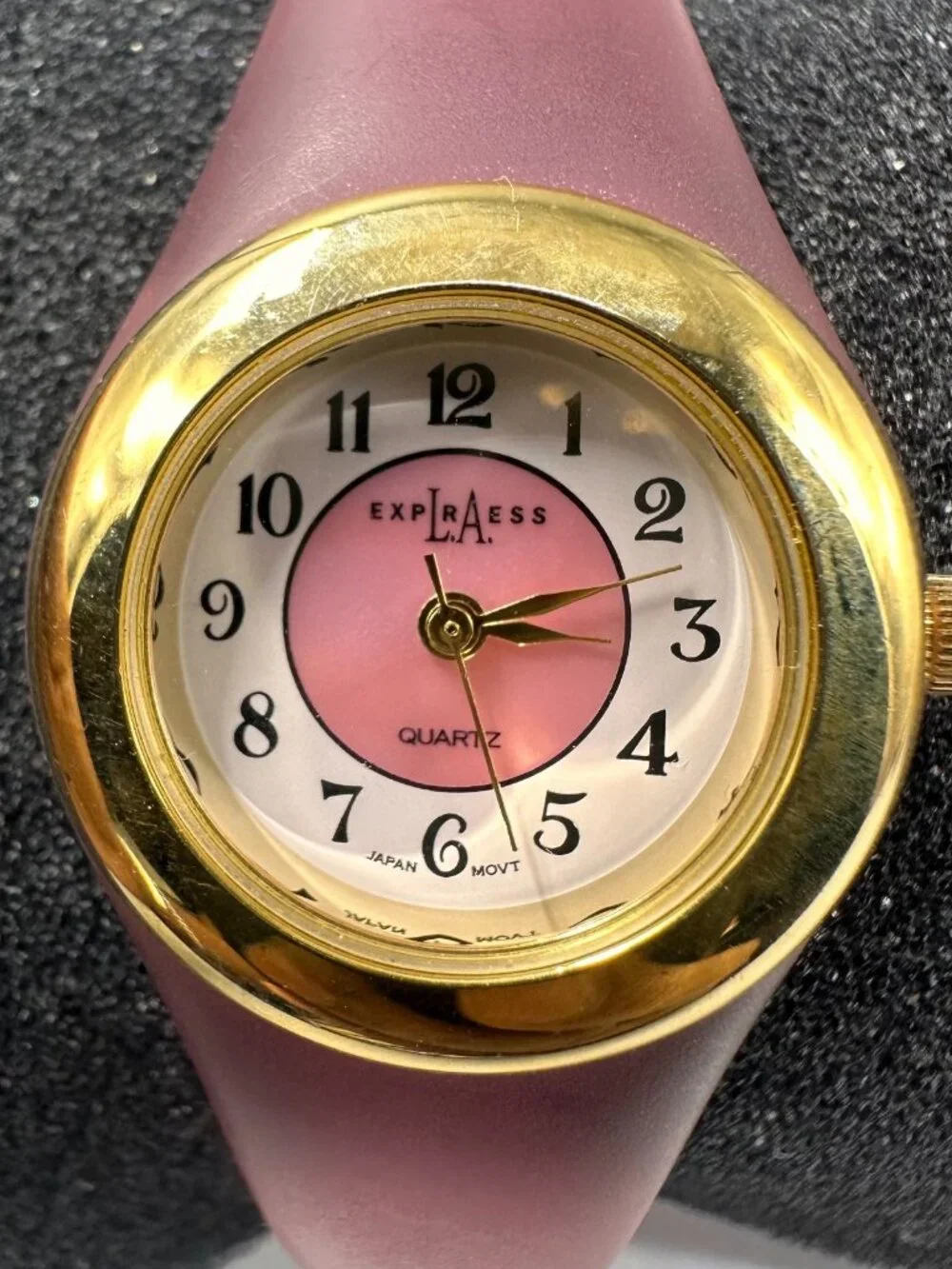 Vintage LA Express Watch Women Gold Tone Pink Lucite Band New Battery 6.75